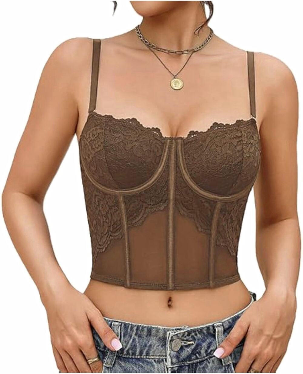 Avidlove Brown Lace Mesh Underwired Bustier Corset Top Hook & Eye - Size: Xl